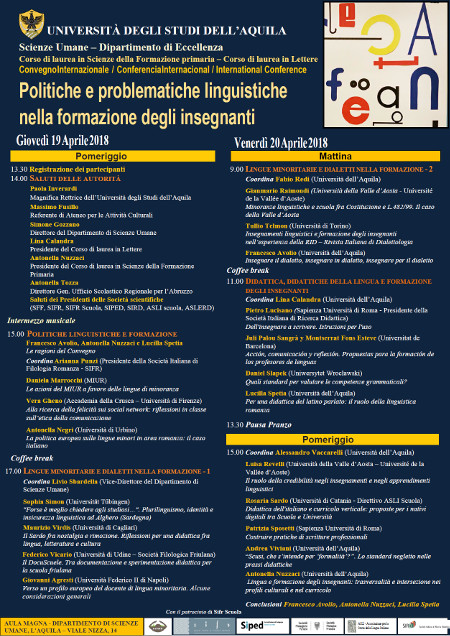 Convegno "Politiche e problematiche linguistiche nella formazione degli insegnanti", l'Aquila, 19/20 aprile 2018