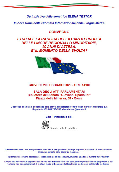 Convegno "L'Italia e la ratifica della Carta Europea delle Lingue Regionali o Minoritarie, 20 anni di attesa. E' il momento della svolta?"
