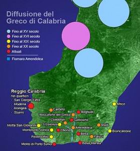 Greci di Calabria, cartina della loro dislocazione geografica