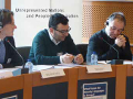 Paul Videsott durante una relazione a Bruxelles sullo stato della lingua ladina 